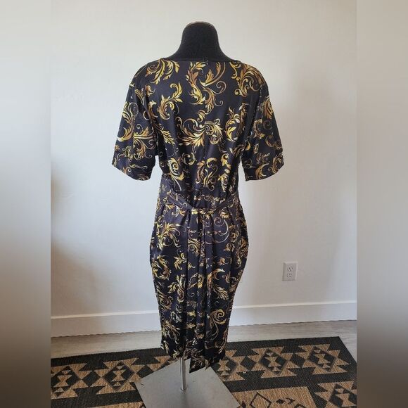 Formal Elegant Midi Dress Church Gold Black Half Sleeve Waist Tie Modest 2XL - Picture 4 of 10